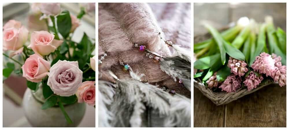 3 close up images of flowers, feathers and a blanket